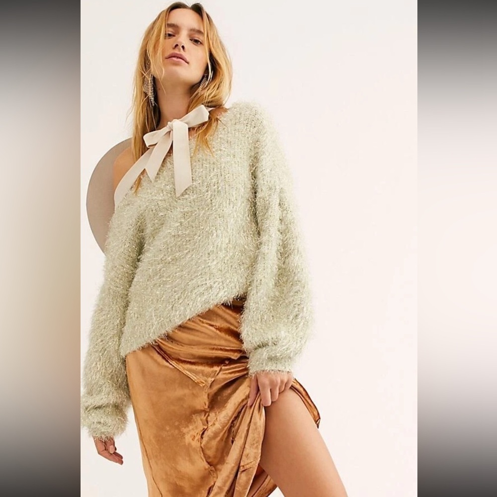 FREE PEOPLE FP ONE DELANEY METALLIC SHINY FUZZY OFF SHOULDER SWEATER